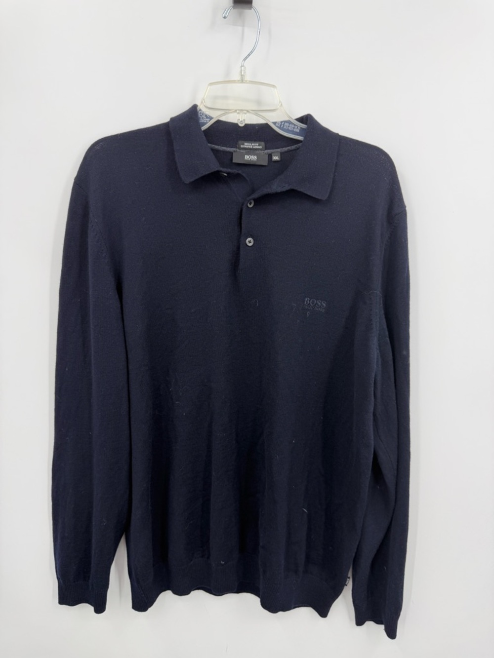 BOSS‎ Hugo Boss extrafine merino wool long-sleeve polo shirt navy blue XXL reg